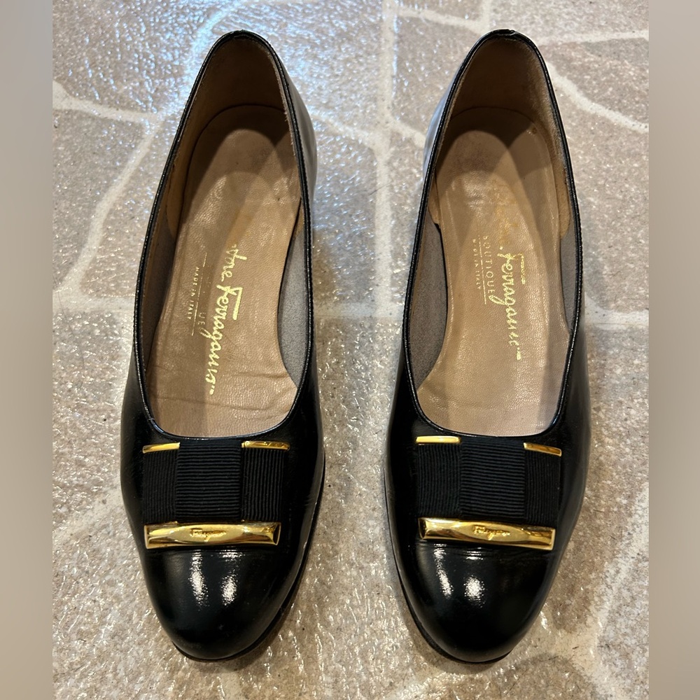 Salvatore Ferragamo Black Flats with Gold Accent